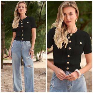 Summer Cropped Sweater Cardigan Short Sleeve Button Down Dressy Casual Knit Top